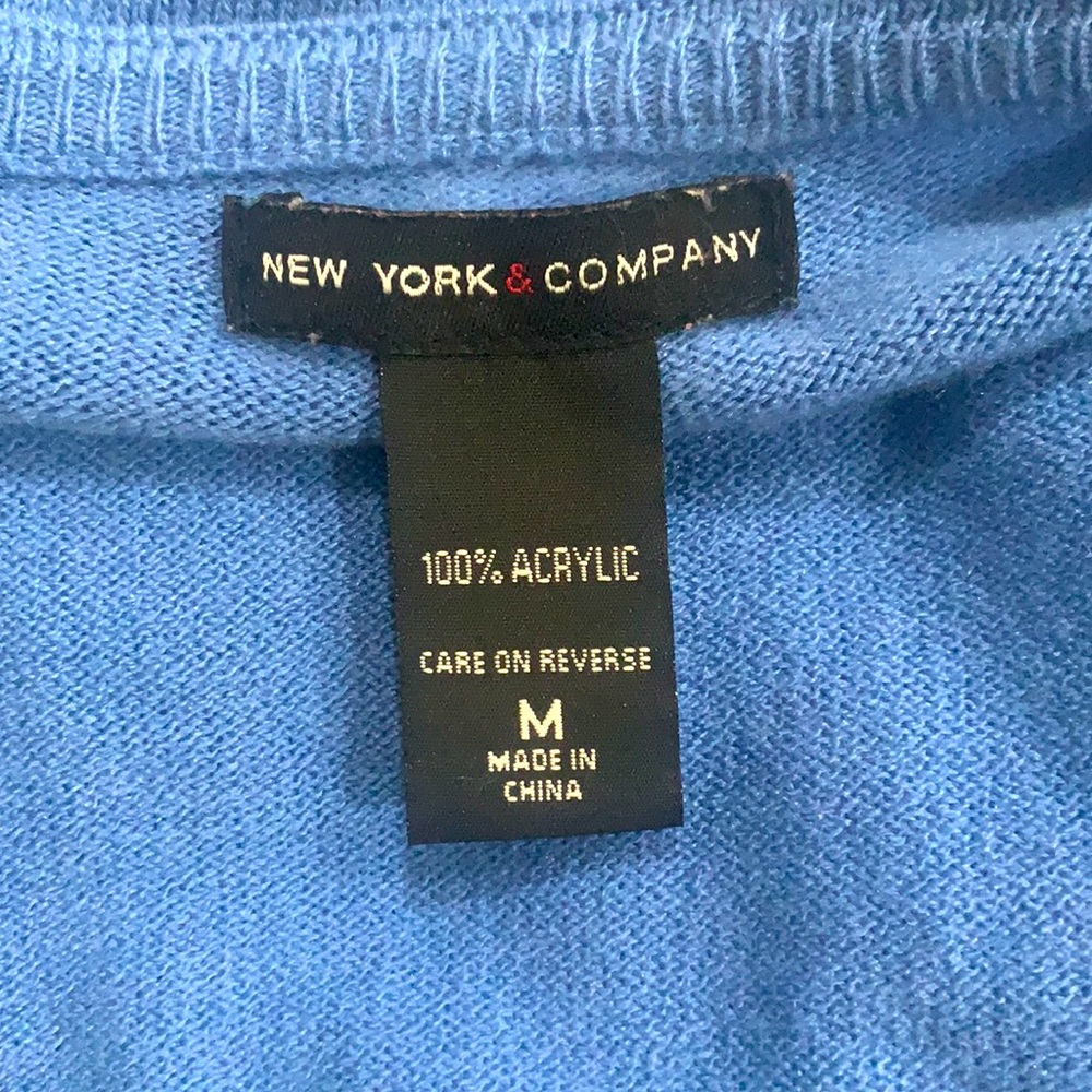 NY & Company 3/4 Sleeve light blue cardigan with flower appliqués on the left. - Picture 5 of 8